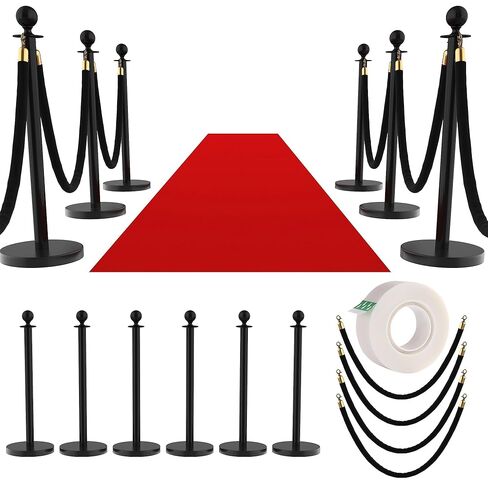 8Pcs Stanchions and Velvet Ropes with 15ft Red Carpet,Complete Crowd Control Barriers Set with 6 Red Velvet Ropes & Stainless Steel Posts for Party, Wedding, Event Supplies,Black in Saudi Arabia
