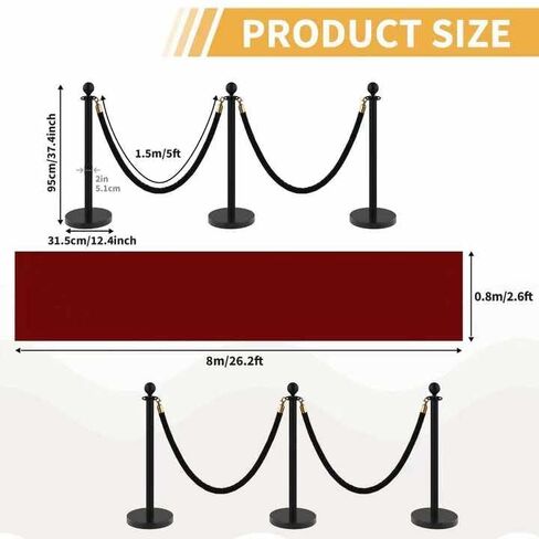 8Pcs Stanchions and Velvet Ropes with 15ft Red Carpet,Complete Crowd Control Barriers Set with 6 Red Velvet Ropes & Stainless Steel Posts for Party, Wedding, Event Supplies,Black in Saudi Arabia