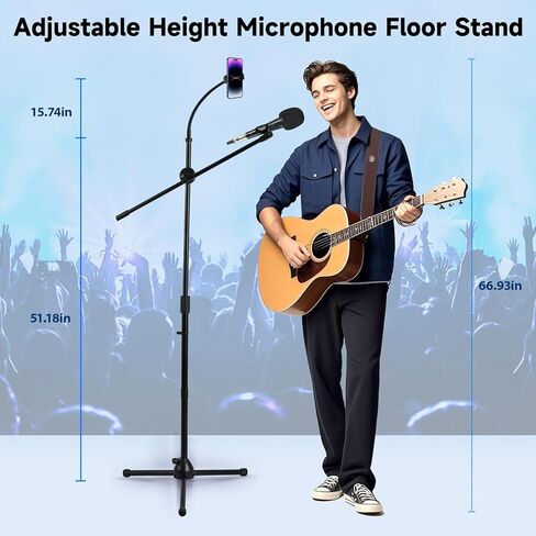 حامل أرضي للميكروفون، حامل ميكروفون على الأرض مع حامل هاتف بارتفاع قابل للتعديل، حامل ثلاثي القوائم للخدمة الشاقة مع ذراع ذراع مزدوج لتثبيت الجهاز للبث والبث والتسجيل والعروض الحية in Kuwait