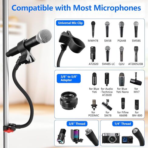 Gooseneck Microphone Stand, 19.69" Adjustable Mic Clip with 3/8" to 5/8" Adapter, Heavy Duty Metal Super Crab Desk & Pole Clamp Mic Holder Compatible with Shure/Fifine/AT2020/Pyle/Blue Snowball/Razer in Saudi Arabia