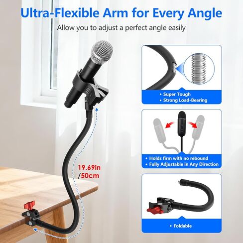 Gooseneck Microphone Stand, 19.69" Adjustable Mic Clip with 3/8" to 5/8" Adapter, Heavy Duty Metal Super Crab Desk & Pole Clamp Mic Holder Compatible with Shure/Fifine/AT2020/Pyle/Blue Snowball/Razer in Saudi Arabia