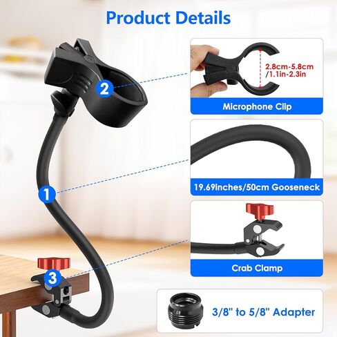 Gooseneck Microphone Stand, 19.69" Adjustable Mic Clip with 3/8" to 5/8" Adapter, Heavy Duty Metal Super Crab Desk & Pole Clamp Mic Holder Compatible with Shure/Fifine/AT2020/Pyle/Blue Snowball/Razer in Saudi Arabia