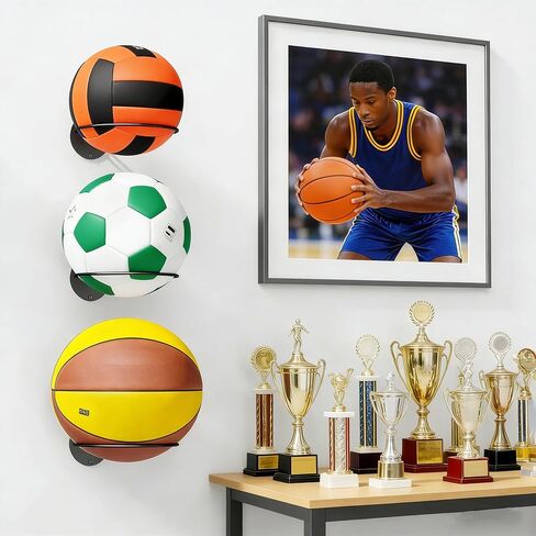 4 قطع كرة سلة مثبتة على الحائط حامل عرض، رف كرة عالمي معدني أسود حامل حامل موفر للمساحة لكرة السلة وكرة القدم وكرة القدم وكرة القدم وعرض تخزين كرة القدم in Kuwait