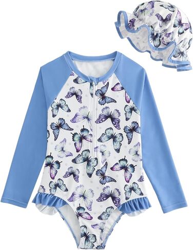 Girls One Piece Swimsuit Long Sleeve Rashguard Bathing Suits Ruffle Swimwear Set with Zipper and Hat 1-8Y in Saudi Arabia