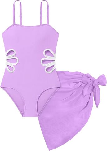 Arssm Girls One Piece Swimsuits Cut Out Bathing Suit with Cover Up Skirt Swimwear 8-14Y(Purple-14Y) in Saudi Arabia