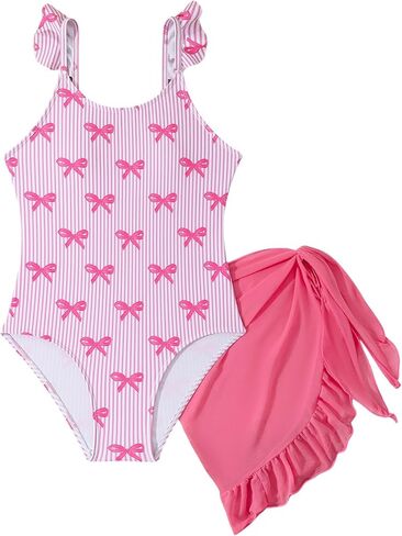 Verdusa Girl's Coquette Bow Striped One Piece Swimsuit with Chiffon Cover Up Skirt in Saudi Arabia
