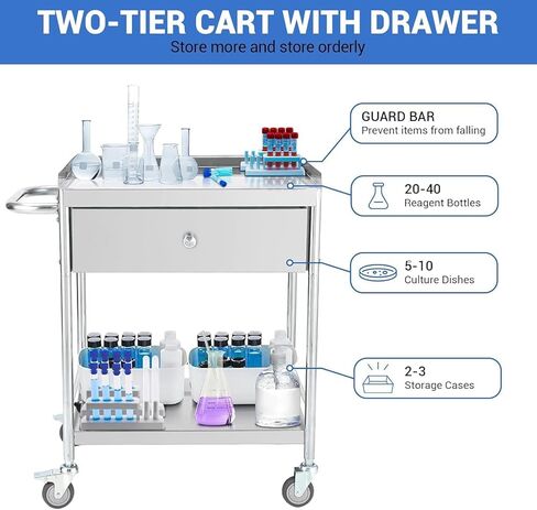 عربة أدوات من الفولاذ المقاوم للصدأ بطبقتين من TrailBlaze، عربة تقديم الطعام المتدحرجة بسعة 220 رطلاً مع رفين ودرج واحد عربة مختبر طبية مع عجلات صامتة 360 درجة لعيادات المختبرات in Kuwait