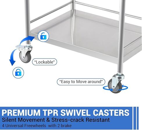 عربة أدوات من الفولاذ المقاوم للصدأ بطبقتين من TrailBlaze، عربة تقديم الطعام المتدحرجة بسعة 220 رطلاً مع رفين ودرج واحد عربة مختبر طبية مع عجلات صامتة 360 درجة لعيادات المختبرات in Kuwait