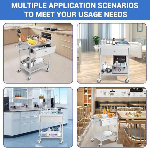 عربة أدوات من الفولاذ المقاوم للصدأ بطبقتين من TrailBlaze، عربة تقديم الطعام المتدحرجة بسعة 220 رطلاً مع رفين ودرج واحد عربة مختبر طبية مع عجلات صامتة 360 درجة لعيادات المختبرات in Kuwait