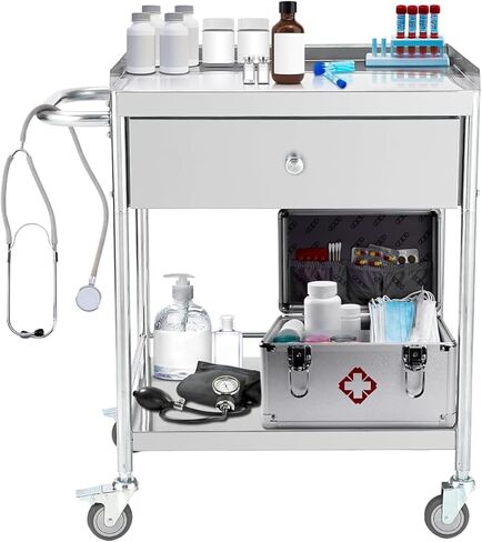 عربة أدوات من الفولاذ المقاوم للصدأ بطبقتين من TrailBlaze، عربة تقديم الطعام المتدحرجة بسعة 220 رطلاً مع رفين ودرج واحد عربة مختبر طبية مع عجلات صامتة 360 درجة لعيادات المختبرات in Kuwait