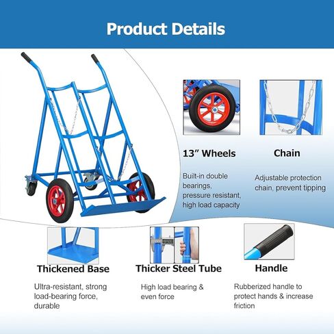 Heavy Duty Oxygen Cylinders Cart with Chain & 13" Wheels, Steel Oxygens Tank Cart for 40/50L Cylinder, Sturdy Carts for Hospital Factory Laboratory CDC, Blue-108cm/42.5in in Saudi Arabia