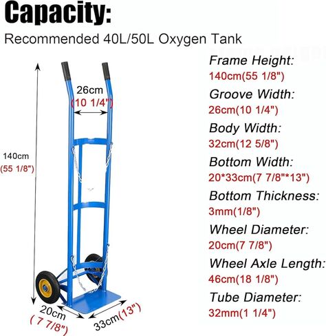 Commercial Gas Cylinder Hand Cart, Oxygen Tank Holder 2 Wheels Oxygen Tank Carrier with Safety Chain, Nitrogen/Acetylene Tanks Trolley for Laboratory/Factory in Saudi Arabia