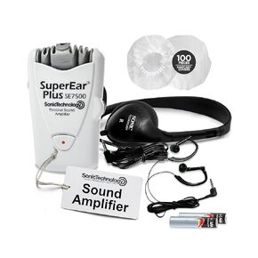 حزمة SuperEar للعناية بالأذن: مضخم صوت شخصي SuperEar Plus SE7500 مع سماعات رأس وسماعات أذن للمساعدة في الاستماع و50 زوجًا، وأغطية سماعات رأس صحية للاستعمال مرة واحدة مقاس 2.5 بوصة in Kuwait