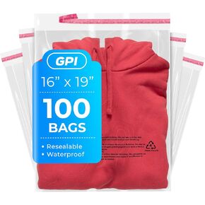 100 Count - 16" x 19" Extra-Large Self Seal Poly Bags with Suffocation Warning, 1.5 Mil, Clear Polybags with Resealable Adhesive Strip for Shipping & Packaging Clothing, T Shirts & Sweaters. GPI in Kuwait