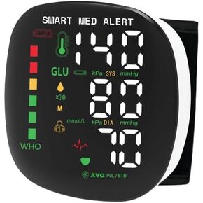 جهاز قياس ضغط الدم الذكي Med Alert، جهاز BP رقمي للمعصم قابل لإعادة الشحن مع أساور قابلة للتعديل، تخزين الذاكرة لمستخدمين، شاشة LCD، مثالية للاستخدام المنزلي، حقيبة حمل in Kuwait