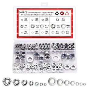 300 قطعة من صواميل الأجهزة والغسالات المعدنية للبراغي: 150 صواميل قفل مترية متنوعة مع 150 غسالات مسطحة من الفولاذ المقاوم للصدأ مجموعة متنوعة من الغسالات للبراغي (M3 M4 M5 M6 M8 M10 M12) in Kuwait