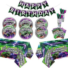 Mifoci 171 Pcs Truck Party Supplies Tableware Kit Include Plates Cups Knives Forks Spoons Napkins Tablecloths and Banner for Monster Truck Party, Racing Car Birthday Decorations Serve 24 Guest in Kuwait