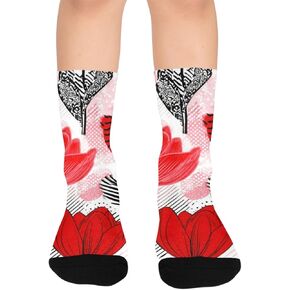 جوارب المشي لمسافات طويلة بتصميم توليب أحمر فني - جوارب شتوية حرارية سميكة دافئة للأولاد والبنات للمدرسة، والارتداء اليومي والأنشطة الخارجية in Kuwait