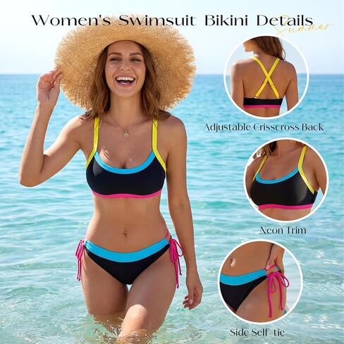 مجموعات بيكيني نسائية - مقاس M، ملابس سباحة بلوك الألوان، بدلة استحمام من قطعتين للنساء، بيكيني بحزام عريض قابل للتعديل لملابس العطلات الصيفية على الشاطئ 2026 in Kuwait
