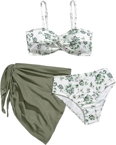 OYOANGLE Girl's 3 Piece Swimsuits Floral Twist Bikini Set with Cover Up Sheer Knot Side Beach Sarongs in Saudi Arabia
