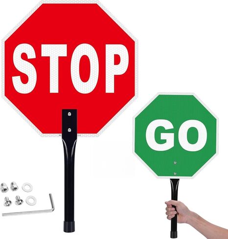 لافتة Stop Go بمقبض، عاكسة من الألومنيوم المقاوم للصدأ مقاس 12 × 12 بوصة، إشارة مرور محمولة للتوقف/الذهاب، مزدوجة الجوانب، مقاومة للطقس، سهلة التركيب in Kuwait