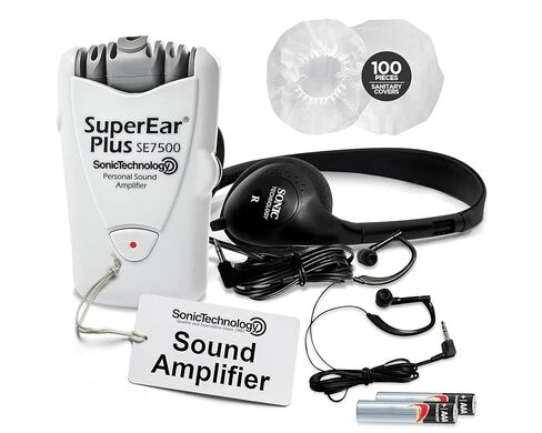 حزمة SuperEar للعناية بالأذن: مضخم صوت شخصي SuperEar Plus SE7500 مع سماعات رأس وسماعات أذن للمساعدة في الاستماع و50 زوجًا، وأغطية سماعات رأس صحية للاستعمال مرة واحدة مقاس 2.5 بوصة in Kuwait