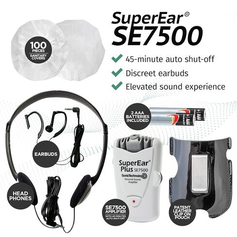 حزمة SuperEar للعناية بالأذن: مضخم صوت شخصي SuperEar Plus SE7500 مع سماعات رأس وسماعات أذن للمساعدة في الاستماع و50 زوجًا، وأغطية سماعات رأس صحية للاستعمال مرة واحدة مقاس 2.5 بوصة in Kuwait