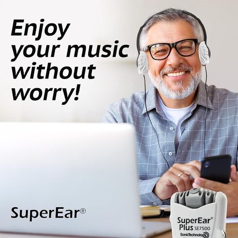 حزمة SuperEar للعناية بالأذن: مضخم صوت شخصي SuperEar Plus SE7500 مع سماعات رأس وسماعات أذن للمساعدة في الاستماع و50 زوجًا، وأغطية سماعات رأس صحية للاستعمال مرة واحدة مقاس 2.5 بوصة in Kuwait