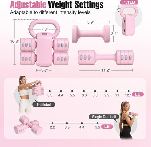 REDCAMP 2-IN-1 Adjustable Dumbbell & Kettlebell Set, 4-Levels Hand Weights (2.2/3.3/4.4/5.5 Lbs Each) Dumbbells Set for Progressive Strength Training, Home Gym Fitness Equipment for Women in Saudi Arabia