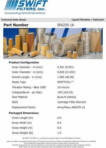 Direct Interchange for ARMY-NAVY AN6235-1A Cartridge Filter Element Cellulose Construction 10 Micron in Saudi Arabia