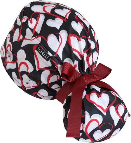 Scrub Caps Women Ponytail – Red White Heart Print Double-Sided Printed Surgical Hat with Buttons and Sweatband, Soft Nurse Cap for Long Hair, Helps Reduce Static Buildup in Saudi Arabia