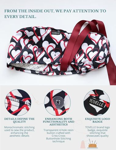 Scrub Caps Women Ponytail – Red White Heart Print Double-Sided Printed Surgical Hat with Buttons and Sweatband, Soft Nurse Cap for Long Hair, Helps Reduce Static Buildup in Saudi Arabia