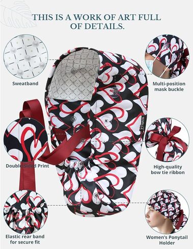 Scrub Caps Women Ponytail – Red White Heart Print Double-Sided Printed Surgical Hat with Buttons and Sweatband, Soft Nurse Cap for Long Hair, Helps Reduce Static Buildup in Saudi Arabia