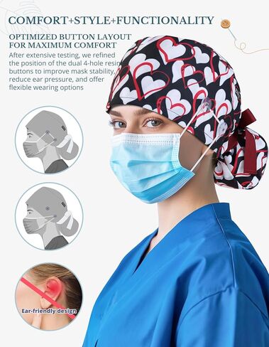 Scrub Caps Women Ponytail – Red White Heart Print Double-Sided Printed Surgical Hat with Buttons and Sweatband, Soft Nurse Cap for Long Hair, Helps Reduce Static Buildup in Saudi Arabia