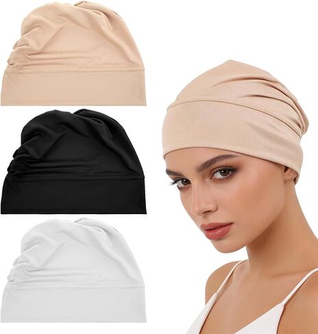 Nogeqi 3 Pcs Hijab Undercap Non Slip Under Scarf Hijab Caps for Women, Solid Color Under Caps for Hijabs, Stretchy Breathable Undercap Tube Bonnet (Black, White, Beige) in Saudi Arabia