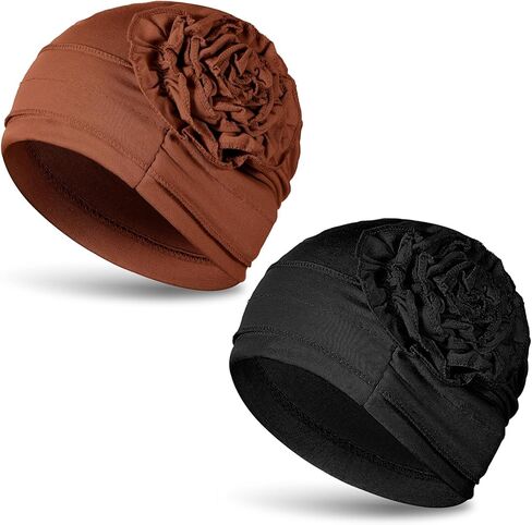 Cotton Chemo Headwear for Women 2 Pack Soft Cancer Head Scarf Surgical Caps in Black Coffee, Elastic Hair Wraps, Comfortable Turbans for Hair Loss Patients, Beanie Skull Cover Cap for Women in Saudi Arabia