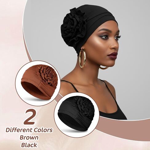 Cotton Chemo Headwear for Women 2 Pack Soft Cancer Head Scarf Surgical Caps in Black Coffee, Elastic Hair Wraps, Comfortable Turbans for Hair Loss Patients, Beanie Skull Cover Cap for Women in Saudi Arabia