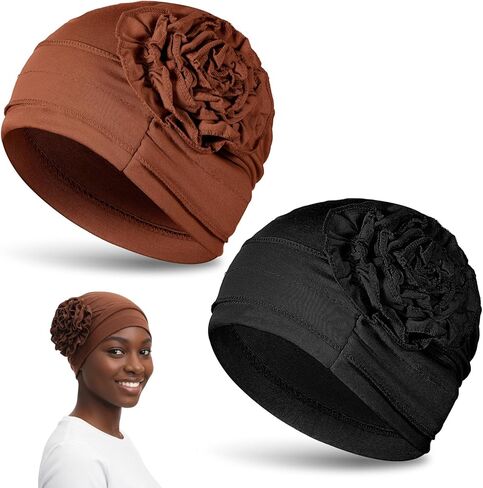 Cotton Chemo Headwear for Women 2 Pack Soft Cancer Head Scarf Surgical Caps in Black Coffee, Elastic Hair Wraps, Comfortable Turbans for Hair Loss Patients, Beanie Skull Cover Cap for Women in Saudi Arabia