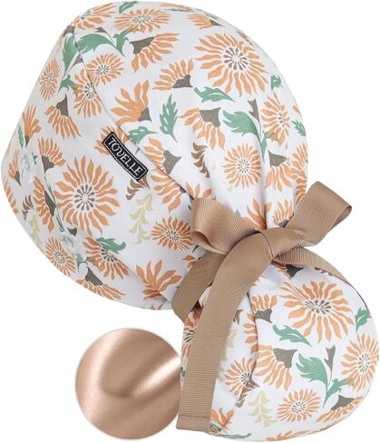 Scrub Caps Women Satin Lined Ponytail, Floral Sunshine Adjustable Scrub Hats Women with Buttons and Sweatbands, Practical Ponytail Holder Design with Bow Ribbon Soft Smooth in Saudi Arabia