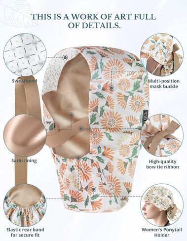 Scrub Caps Women Satin Lined Ponytail, Floral Sunshine Adjustable Scrub Hats Women with Buttons and Sweatbands, Practical Ponytail Holder Design with Bow Ribbon Soft Smooth in Saudi Arabia