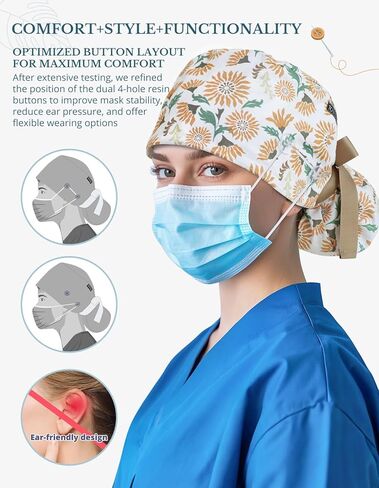 Scrub Caps Women Satin Lined Ponytail, Floral Sunshine Adjustable Scrub Hats Women with Buttons and Sweatbands, Practical Ponytail Holder Design with Bow Ribbon Soft Smooth in Saudi Arabia