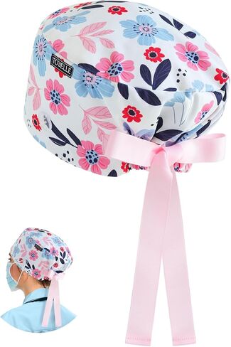 Blush Blue Floral Euro Scrub Caps Women with Buttons, Floral Surgical Tech Head Cover, Adjustable Euro Style Scrub Hat for Long or Short Hair in Saudi Arabia