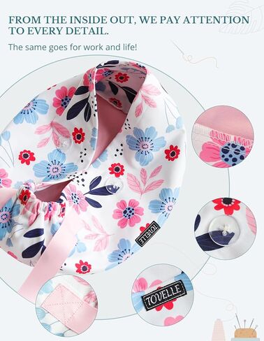 Blush Blue Floral Euro Scrub Caps Women with Buttons, Floral Surgical Tech Head Cover, Adjustable Euro Style Scrub Hat for Long or Short Hair in Saudi Arabia