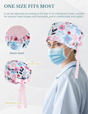 Blush Blue Floral Euro Scrub Caps Women with Buttons, Floral Surgical Tech Head Cover, Adjustable Euro Style Scrub Hat for Long or Short Hair in Saudi Arabia