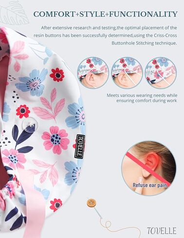 Blush Blue Floral Euro Scrub Caps Women with Buttons, Floral Surgical Tech Head Cover, Adjustable Euro Style Scrub Hat for Long or Short Hair in Saudi Arabia