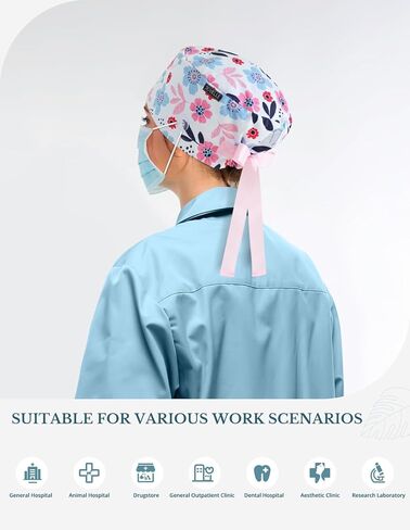 Blush Blue Floral Euro Scrub Caps Women with Buttons, Floral Surgical Tech Head Cover, Adjustable Euro Style Scrub Hat for Long or Short Hair in Saudi Arabia