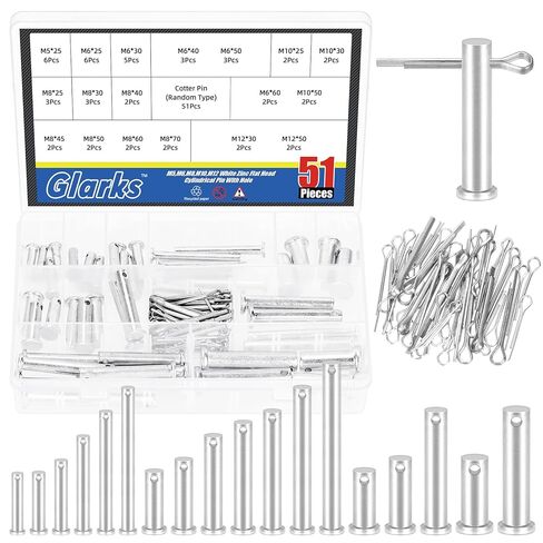 Glarks 51pcs 18 Sizes Single Hole Flat Head Clevis Pins Set, M5 M6 M8 M10 M12 White Zinc Clevis Pins, Link Hinge Pins for Furniture Installation Small Home DIY Project in Saudi Arabia
