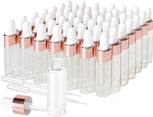50 Pack 5ml Mini Clear Glass Essential Oil Dropper Bottle with Rose Gold Lid Sample Containers Perfume Liquid Vials for Traveling in Saudi Arabia