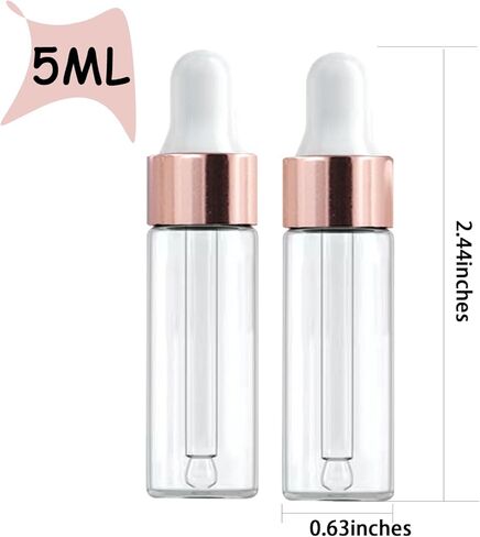 50 Pack 5ml Mini Clear Glass Essential Oil Dropper Bottle with Rose Gold Lid Sample Containers Perfume Liquid Vials for Traveling in Saudi Arabia