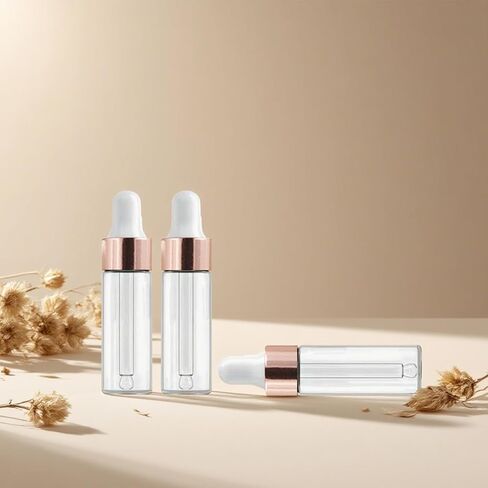 50 Pack 5ml Mini Clear Glass Essential Oil Dropper Bottle with Rose Gold Lid Sample Containers Perfume Liquid Vials for Traveling in Saudi Arabia